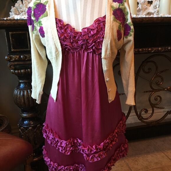 🎃 - SILK FUSCHIA Ruffle Dress & Cardi - Picture 2 of 8